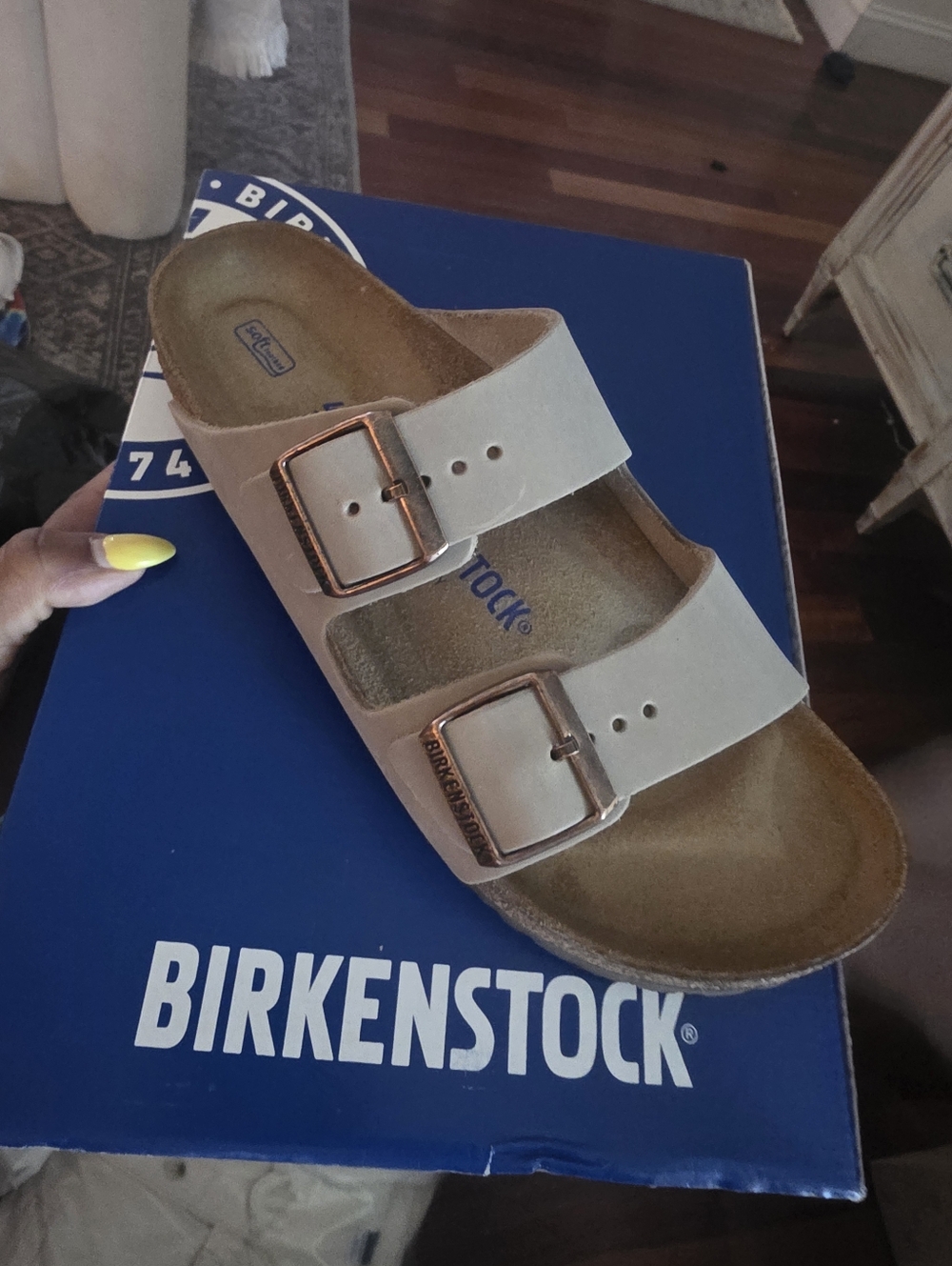 Birkenstock Arizona Sandals in Tobacco Brown with Rose Gold Buckles, Narrow Fit